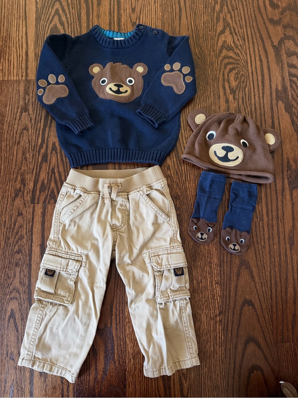 Gymboree Kids Bear Cargo Pants in Tan - Brown/Bear Navy sweater with hat